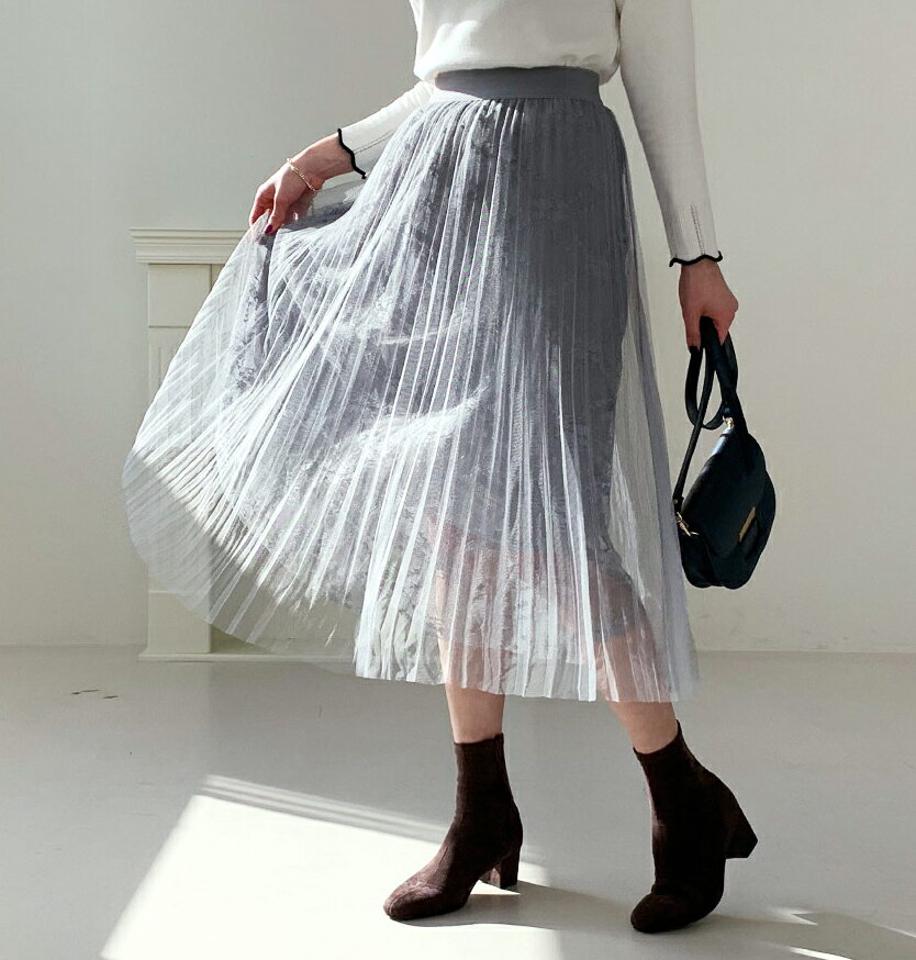 レースプリーツスカート・全3色・b56589 レディース 【sk】【韓国 ファッション ボトムス スカート ロング ロングカート チュール レース プリーツ ウエストゴム プリーツ スカート 体型カバー スリム 上品 デイリー Aライン カジュアル 秋 冬】