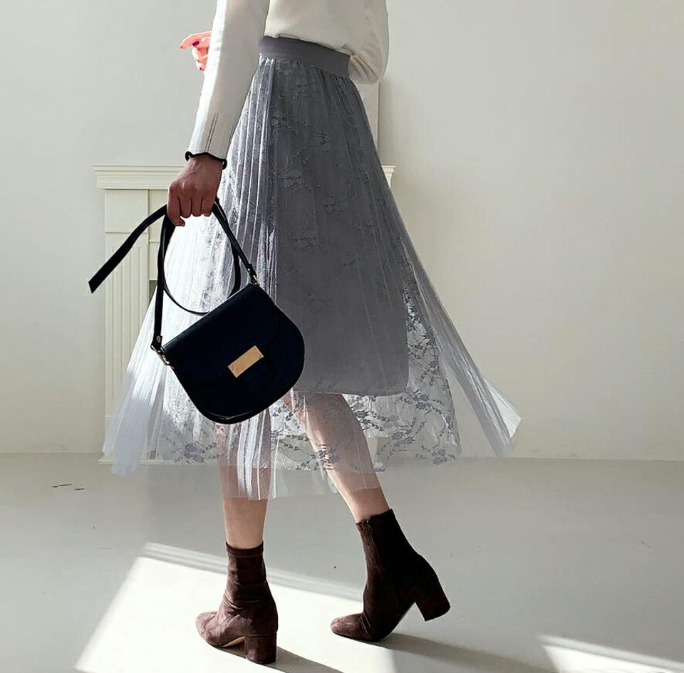 レースプリーツスカート・全3色・b56589 レディース 【sk】【韓国 ファッション ボトムス スカート ロング ロングカート チュール レース プリーツ ウエストゴム プリーツ スカート 体型カバー スリム 上品 デイリー Aライン カジュアル 秋 冬】