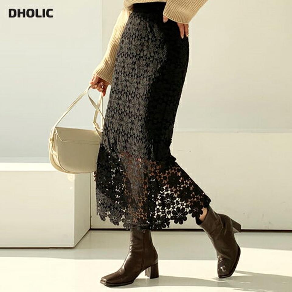 フラワーレーススカート・全2色・b61416 レディース 【sk】【韓国 ファッション ボトムス スカート ロング ミモレスカート ミモレ丈 Hライン スリム 細身 タイトスカート 大人 エレガント おしゃれ着 きれいめ カジュアル 秋 冬】