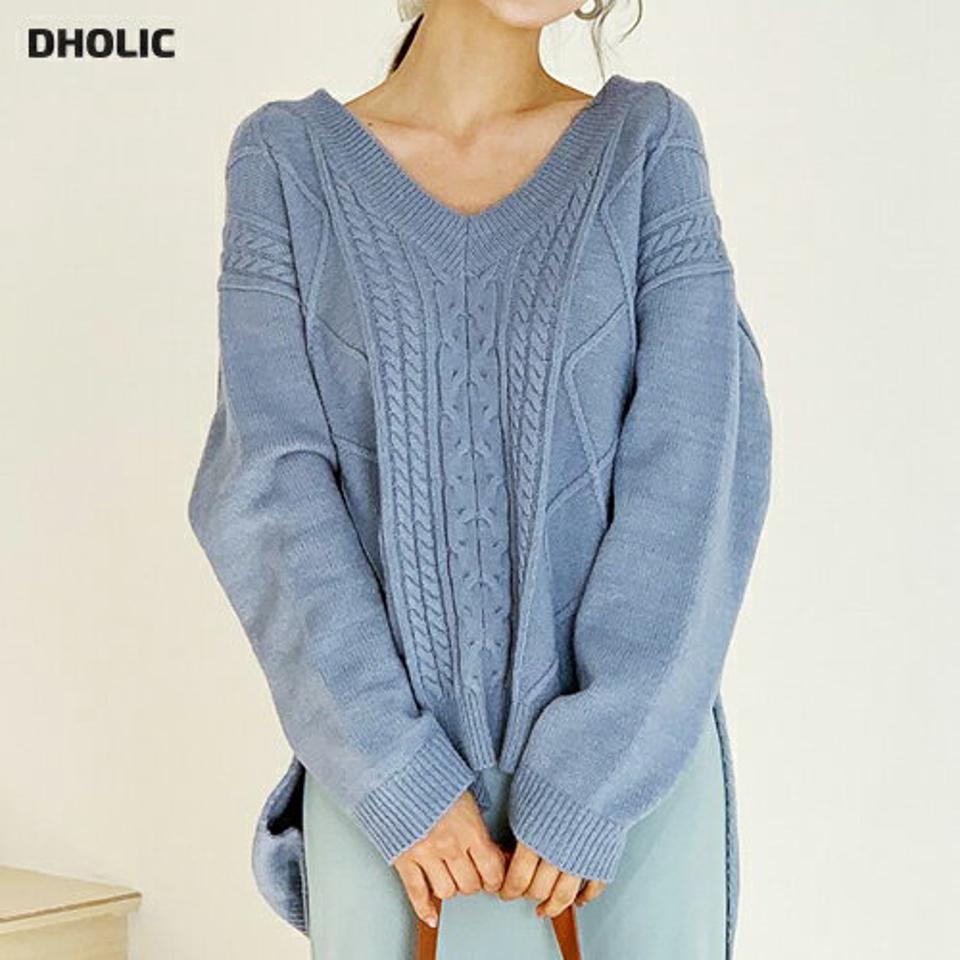 ツイストVネックニット・全5色・t61395 レディース 【tops】【韓国 ファッション トップス ニット 長袖 ぼわん袖 ツイスト Vネック レイヤード サイドスリット アンバランス ルーズ ゆったり デイリー ベーシック 無地 カジュアル 秋 冬】