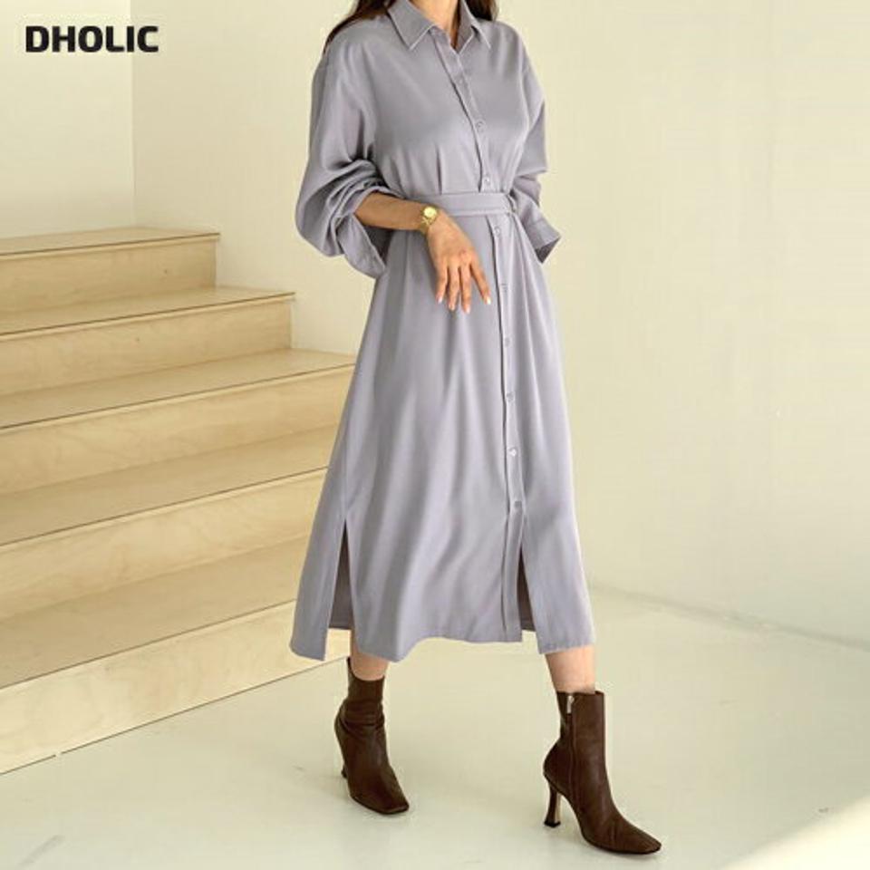 ストラップ付シャツワンピース・全2色・b61401 レディース 【ops】【韓国 ファッション ワンピース ロング シャツ 襟 カラー ボタン 前開 長袖 無地 シンプル 大人 カジュアル 秋 冬】