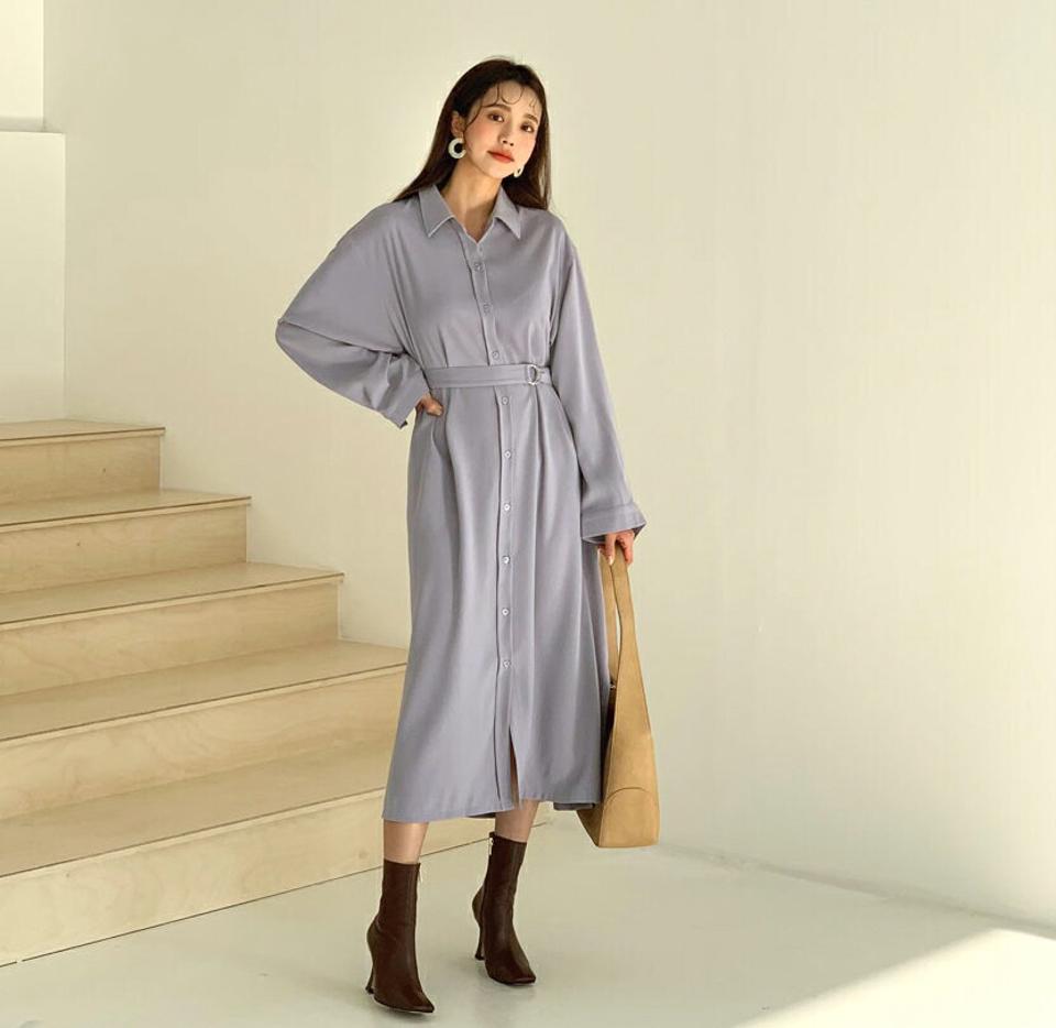 ストラップ付シャツワンピース・全2色・b61401 レディース 【ops】【韓国 ファッション ワンピース ロング シャツ 襟 カラー ボタン 前開 長袖 無地 シンプル 大人 カジュアル 秋 冬】