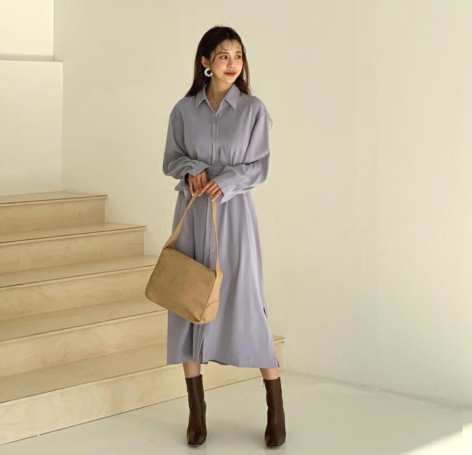ストラップ付シャツワンピース・全2色・b61401 レディース 【ops】【韓国 ファッション ワンピース ロング シャツ 襟 カラー ボタン 前開 長袖 無地 シンプル 大人 カジュアル 秋 冬】