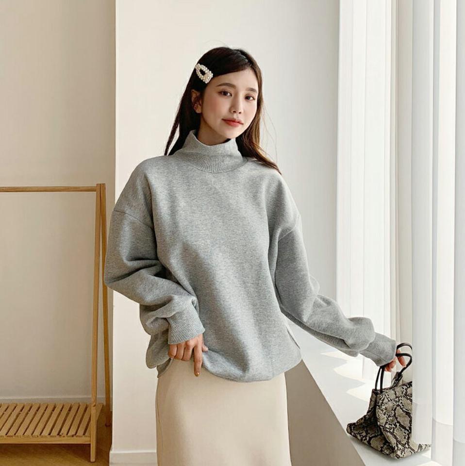 裏起毛ハイネックスウェット・全4色・t61390 レディース 【tops】【韓国 ファッション トップス スウェット ラウンドネック 無地 裏起毛 ハイネック 保温性 ルーズ ゆったり シンプル デイリー ベーシック カジュアル 長袖 カジュアル 秋 冬】