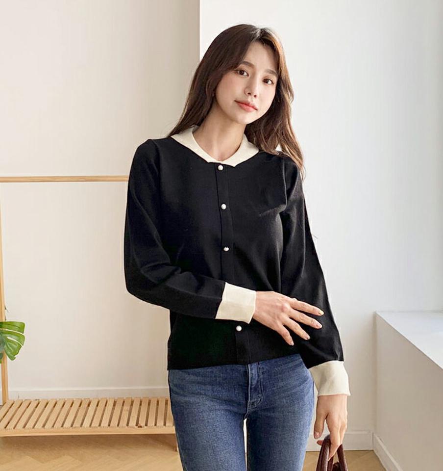 配色カラーパールニット・全4色・t61396 レディース 【tops】【韓国 ファッション トップス ニット 長袖 ぼわん袖 カラーネック 配色 カラー パール メリハリ デイリー ベーシック 無地 カジュアル 秋 冬】