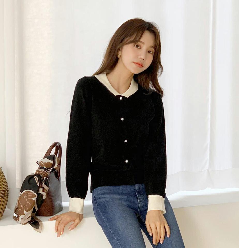 配色カラーパールニット・全4色・t61396 レディース 【tops】【韓国 ファッション トップス ニット 長袖 ぼわん袖 カラーネック 配色 カラー パール メリハリ デイリー ベーシック 無地 カジュアル 秋 冬】