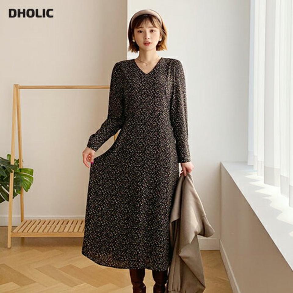 花柄ロングワンピース・全3色・t61405 レディース 【ops】【韓国 ファッション ワンピース ロング フレア Aライン パターン 柄 Vネック 長袖 シンプル 大人 カジュアル 秋 冬】