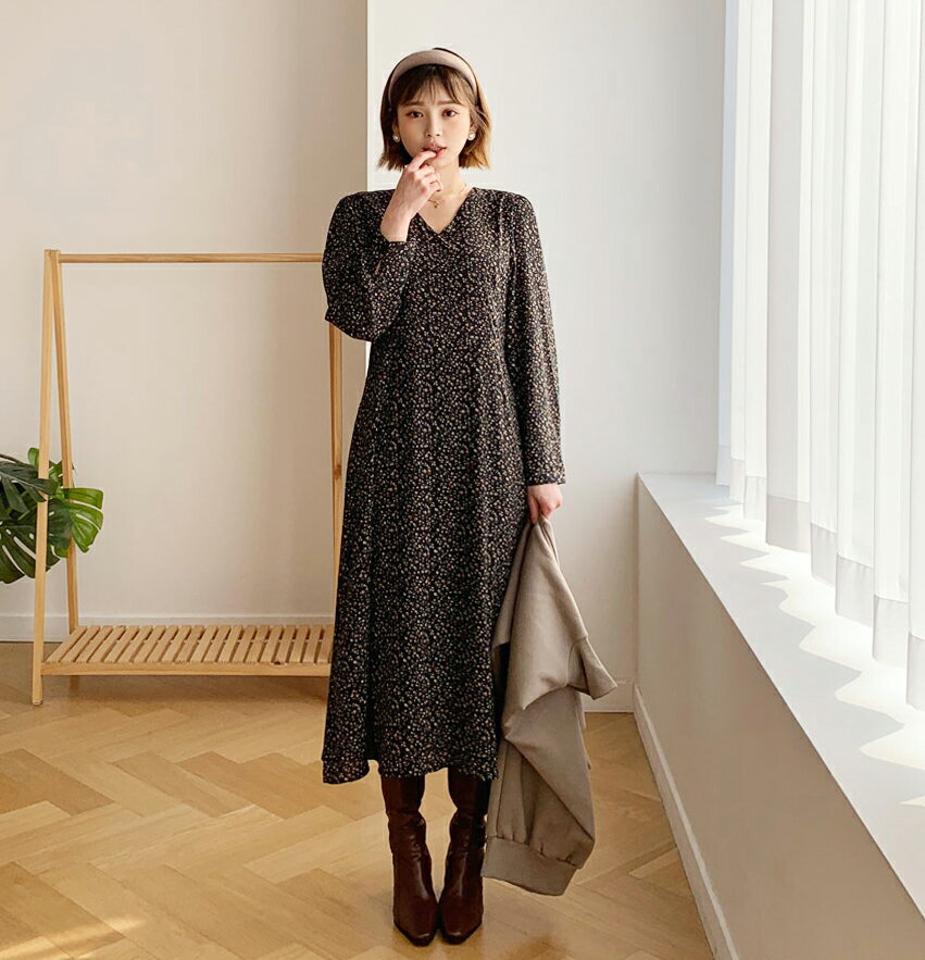 花柄ロングワンピース・全3色・t61405 レディース 【ops】【韓国 ファッション ワンピース ロング フレア Aライン パターン 柄 Vネック 長袖 シンプル 大人 カジュアル 秋 冬】