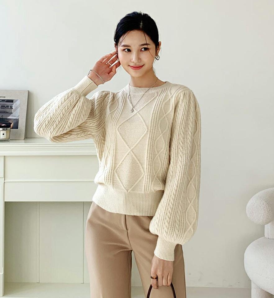 パフケーブルニット・全3色・b56598 レディース 【tops】【韓国 ファッション トップス ニット 長袖 ぼわん袖 ルーズ パフ ケーブルニット カシミヤ 暖かい ボリューム 無地 デイリー ベーシック カジュアル 秋 冬】