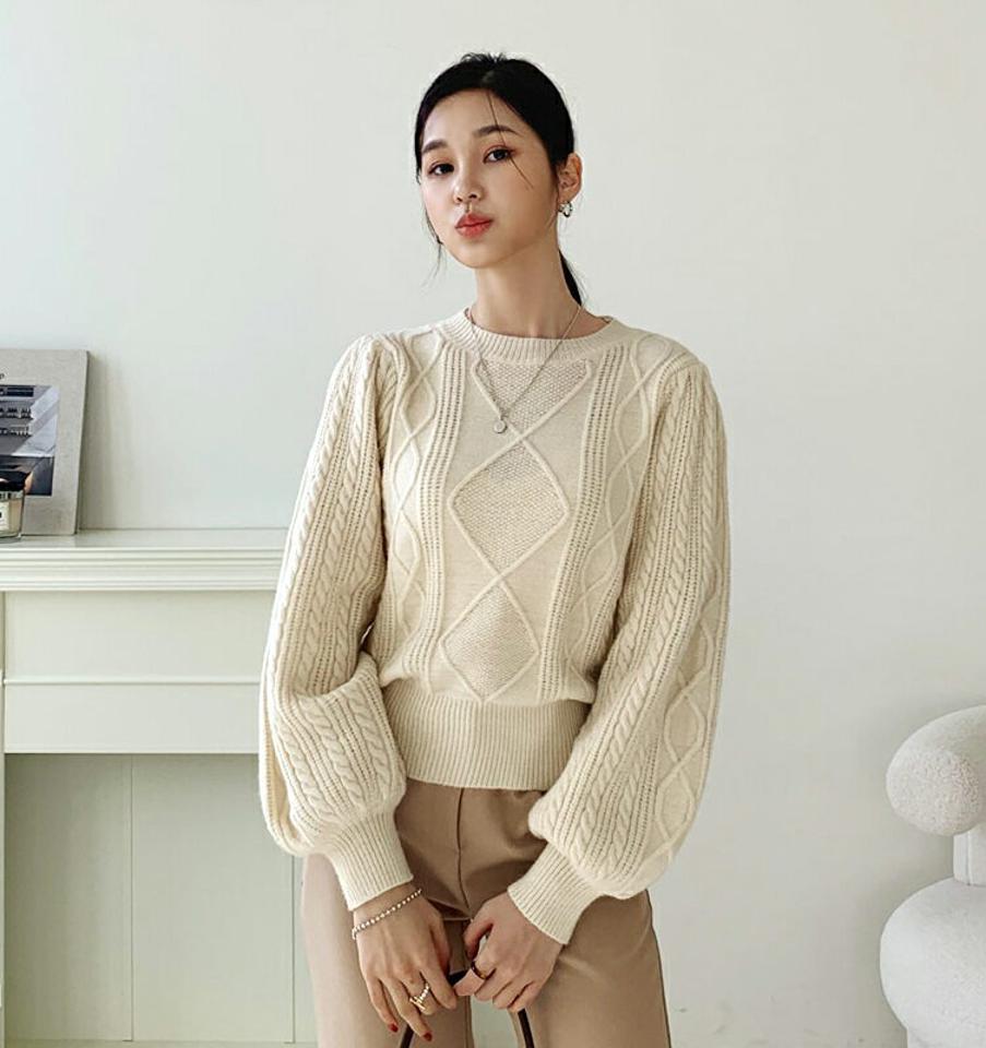 パフケーブルニット・全3色・b56598 レディース 【tops】【韓国 ファッション トップス ニット 長袖 ぼわん袖 ルーズ パフ ケーブルニット カシミヤ 暖かい ボリューム 無地 デイリー ベーシック カジュアル 秋 冬】