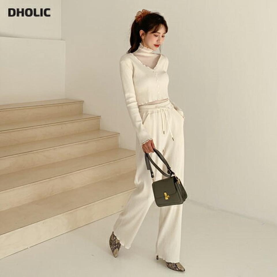 ウェーブカーディガン&パンツSET・全2色・t61429 レディース 【pt】【韓国 ファッション セットアップ 上下セット カーディガン 長袖 クロップド ショート ロングパンツ ストレート ゆったり 無地 ワンマイルウェア カジュアル 秋 冬】