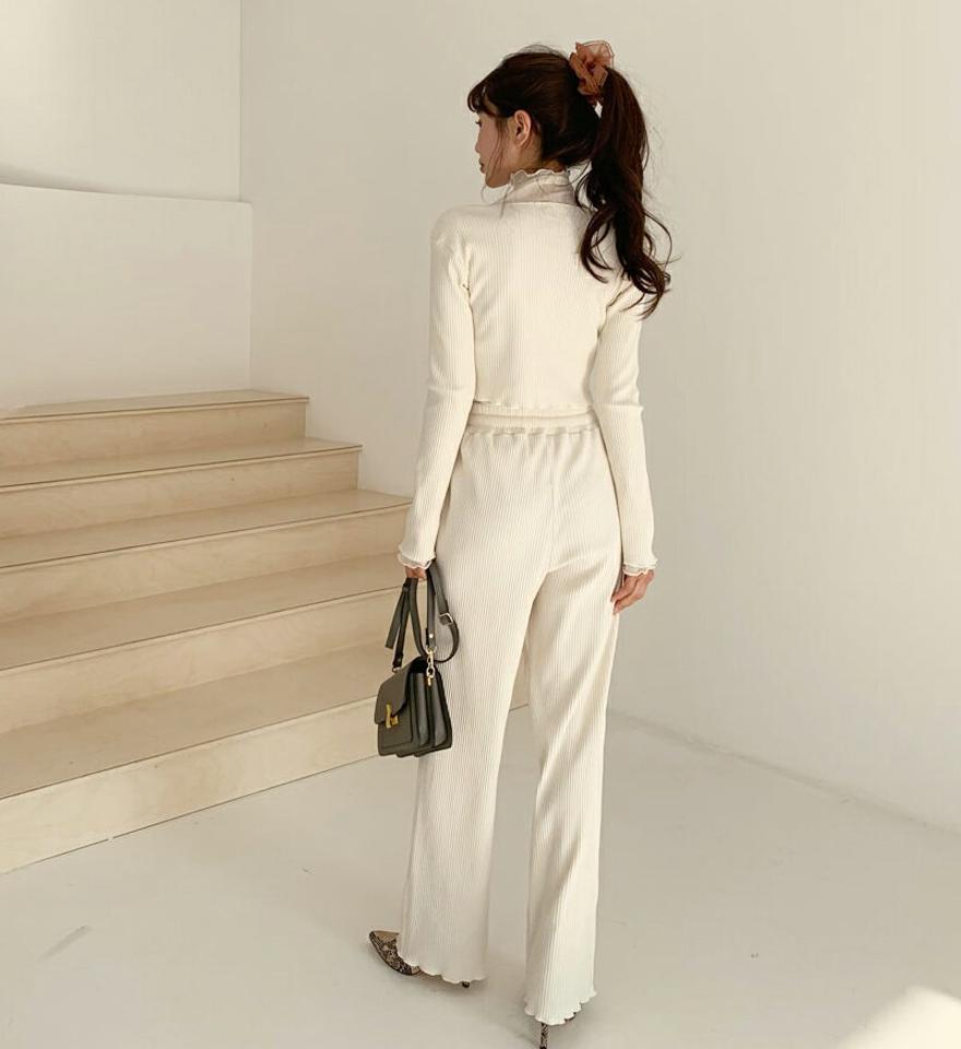 ウェーブカーディガン&パンツSET・全2色・t61429 レディース 【pt】【韓国 ファッション セットアップ 上下セット カーディガン 長袖 クロップド ショート ロングパンツ ストレート ゆったり 無地 ワンマイルウェア カジュアル 秋 冬】