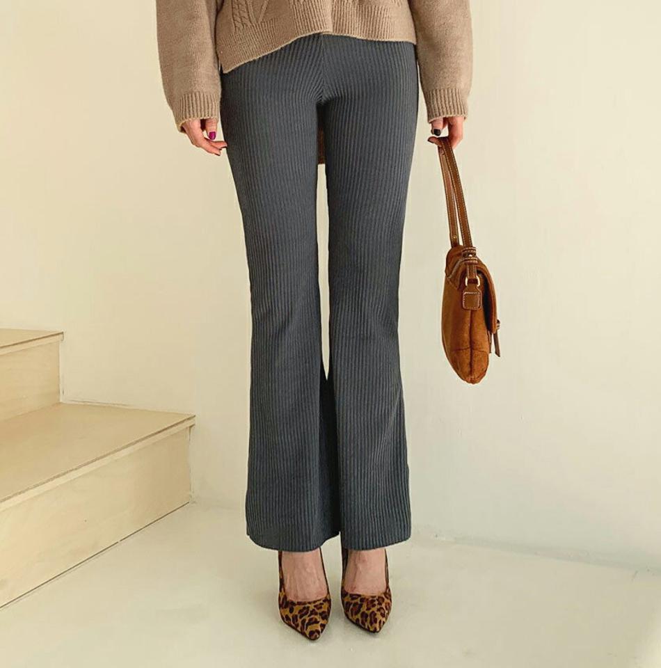 リブブーツカットパンツ・全4色・t61412 レディース 【pt】【韓国 ファッション ボトムス パンツ フルレングス ロング ウエストゴム スリム 細身 タイト ハイウエスト カジュアル 秋 冬】