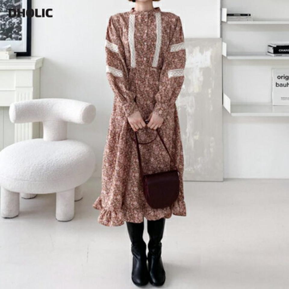 ストラップ付レース花柄ワンピース・全2色・b56582 レディース 【ops】【韓国 ファッション ワンピース ロング ロングワンピス 長袖 レース フローラル パターン バンドカラー ボタン フラワー 花柄 上品 デイリー カジュアル 秋 冬】