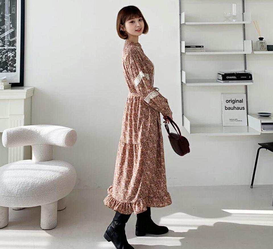 ストラップ付レース花柄ワンピース・全2色・b56582 レディース 【ops】【韓国 ファッション ワンピース ロング ロングワンピス 長袖 レース フローラル パターン バンドカラー ボタン フラワー 花柄 上品 デイリー カジュアル 秋 冬】