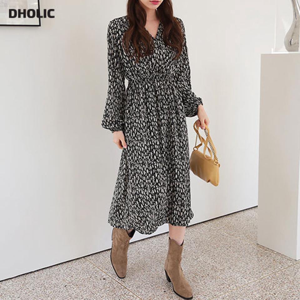 プリントVネックワンピース・全2色・b66123 レディース 【ops】【ワンピース ロング ロングワンピース 長袖 Vネック 上品 シャーリング 総柄 秋 冬 韓国 ファッション】【ハイホリHIHOLLI】