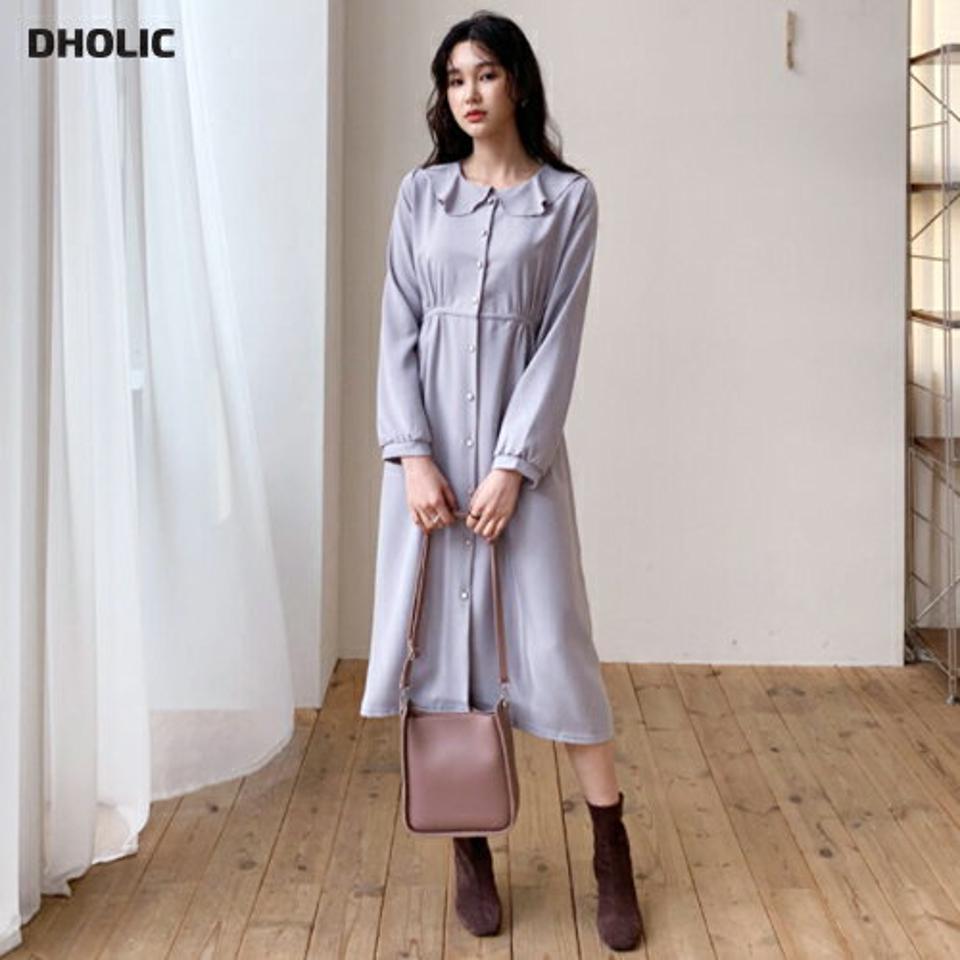 ラウンドカラーワンピース・全4色・t56605 レディース 【ops】【韓国 ファッション ワンピース ロング ロングワンピス 長袖 ラウンドカラー ラウンドネック 小顔 上品 スクエアボタン ウエストリボン フレア フレアワンピース デイリー カジュアル 秋 冬】