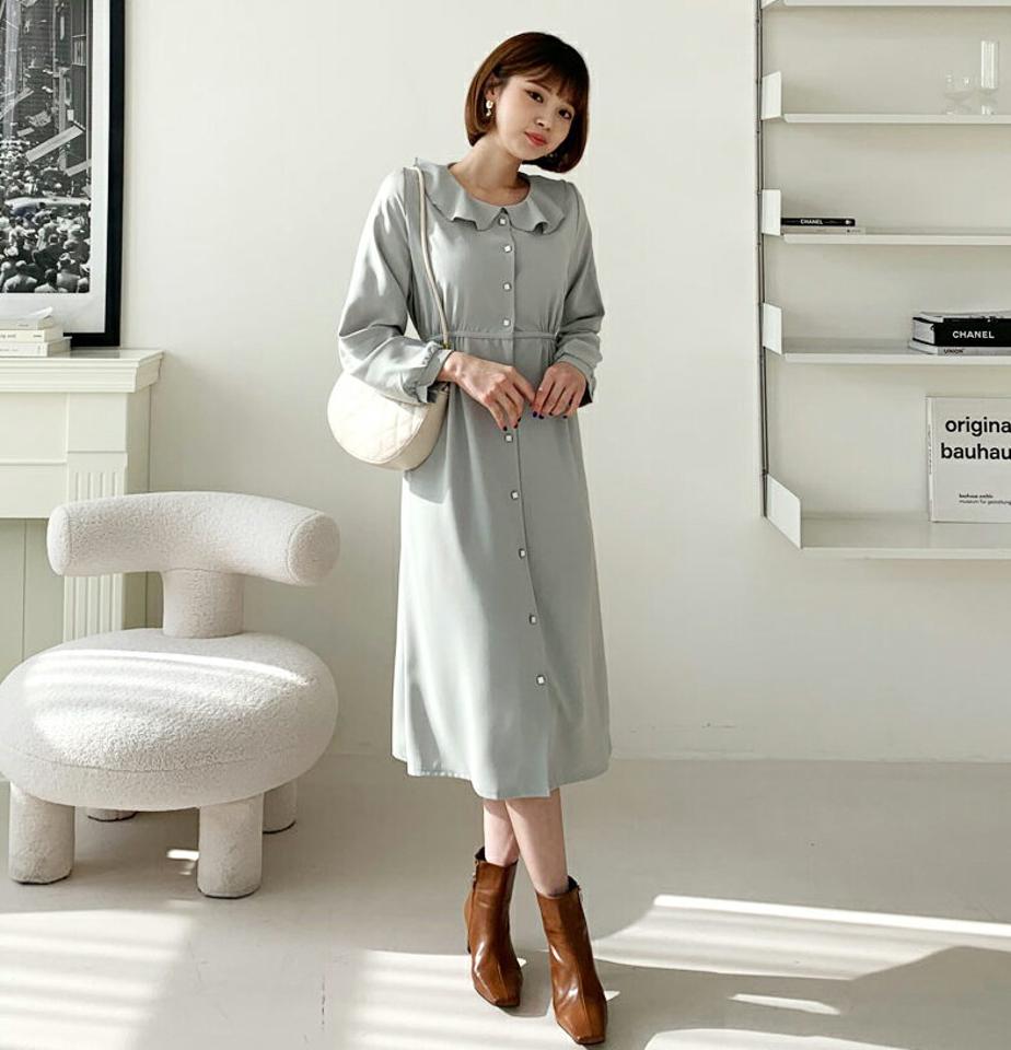 ラウンドカラーワンピース・全4色・t56605 レディース 【ops】【韓国 ファッション ワンピース ロング ロングワンピス 長袖 ラウンドカラー ラウンドネック 小顔 上品 スクエアボタン ウエストリボン フレア フレアワンピース デイリー カジュアル 秋 冬】