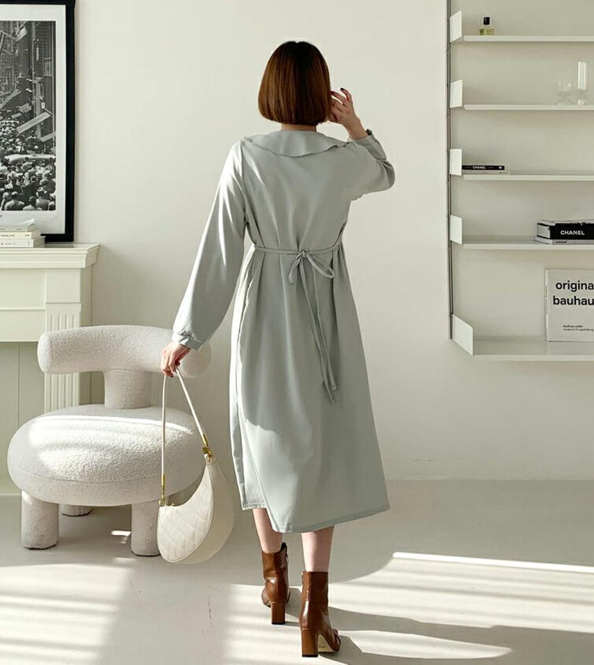 ラウンドカラーワンピース・全4色・t56605 レディース 【ops】【韓国 ファッション ワンピース ロング ロングワンピス 長袖 ラウンドカラー ラウンドネック 小顔 上品 スクエアボタン ウエストリボン フレア フレアワンピース デイリー カジュアル 秋 冬】