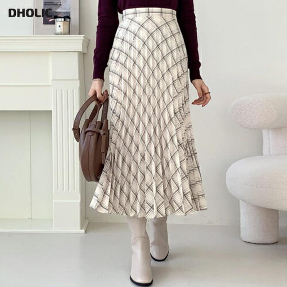 チェックプリーツスカート・全2色・t56591 レディース 【sk】【韓国 ファッション ボトムス スカート ロング ロングカート チェック プリーツ ウエストゴム フレアスカート サイドファスナー パータン 体型カバー スリム 上品 Aライン カジュアル 秋 冬】