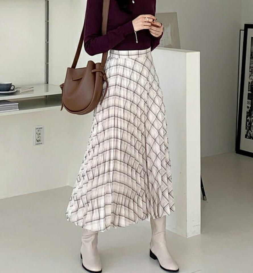 チェックプリーツスカート・全2色・t56591 レディース 【sk】【韓国 ファッション ボトムス スカート ロング ロングカート チェック プリーツ ウエストゴム フレアスカート サイドファスナー パータン 体型カバー スリム 上品 Aライン カジュアル 秋 冬】