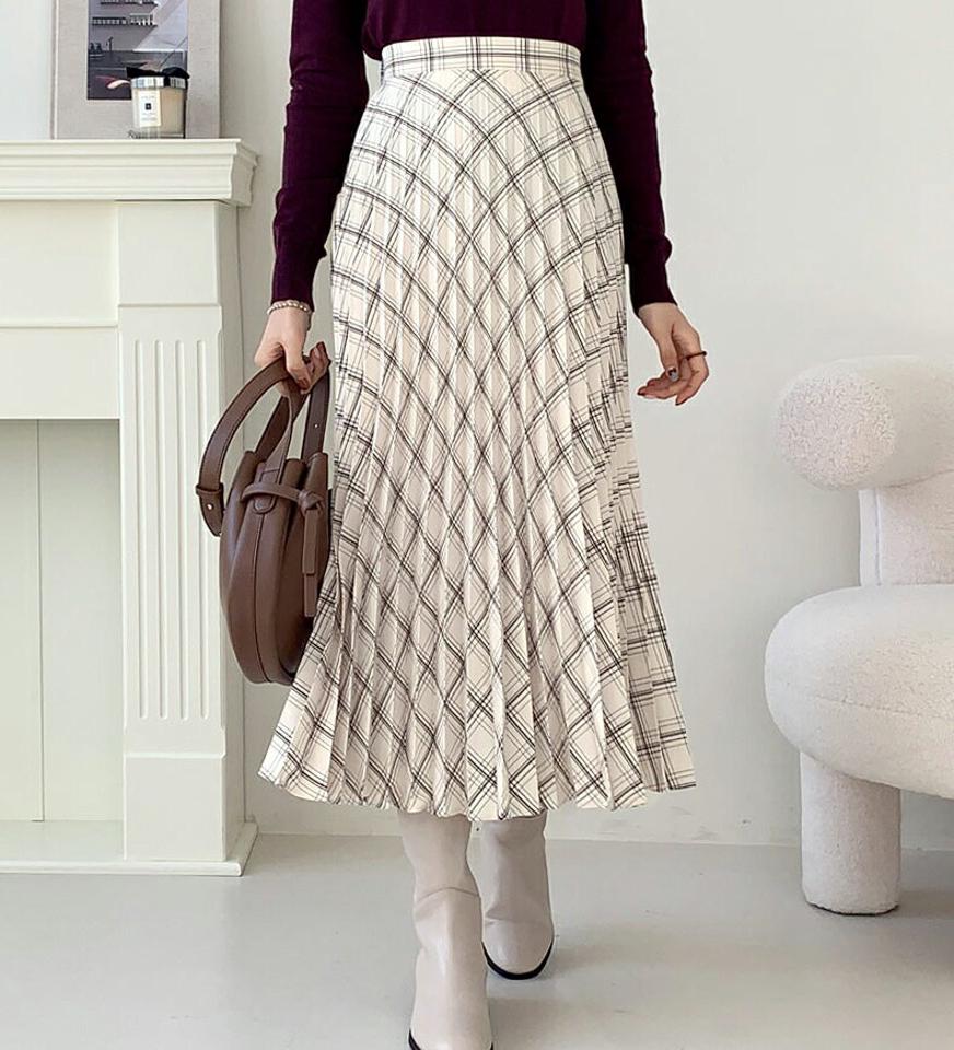チェックプリーツスカート・全2色・t56591 レディース 【sk】【韓国 ファッション ボトムス スカート ロング ロングカート チェック プリーツ ウエストゴム フレアスカート サイドファスナー パータン 体型カバー スリム 上品 Aライン カジュアル 秋 冬】
