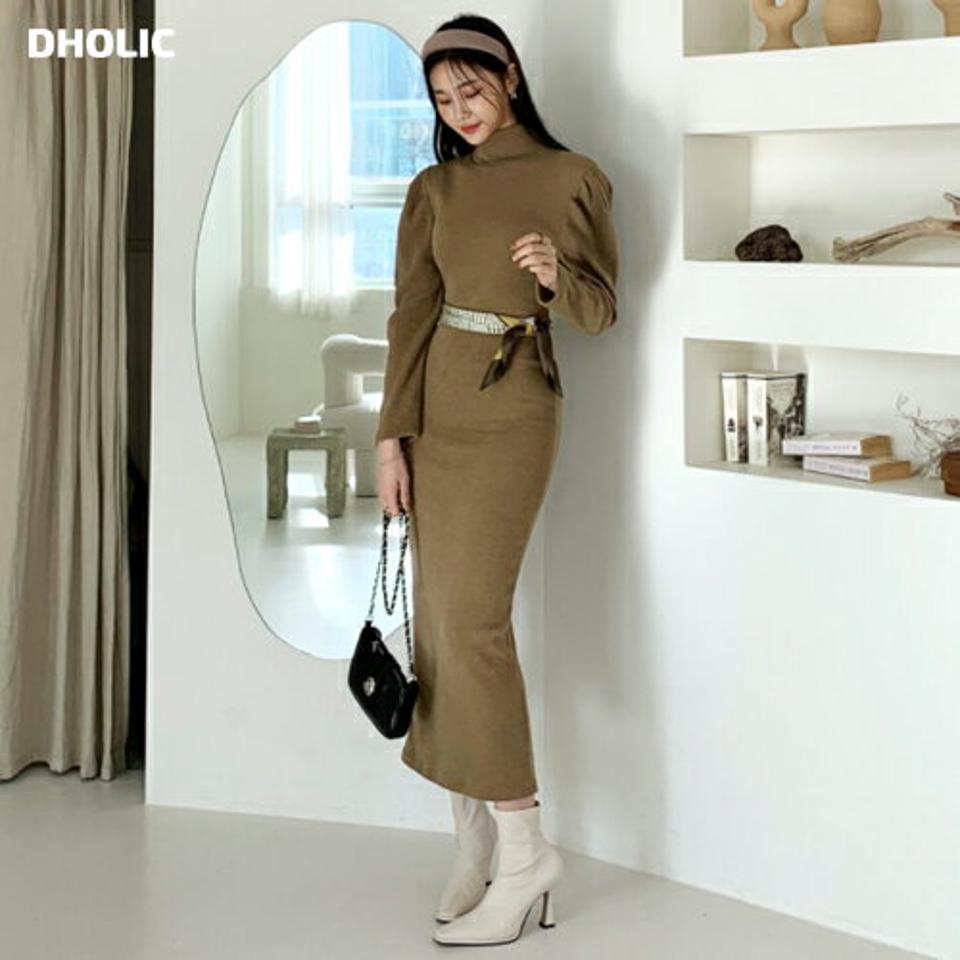 パフスリーブワンピース・全2色・b56606 レディース 【ops】【韓国 ファッション ワンピース ロング ロングワンピス ストレート スリム フィット 体型カーバー ハーフネック パフスリーブ ボリューム やわらかい スリット入り カジュアル 秋 冬】