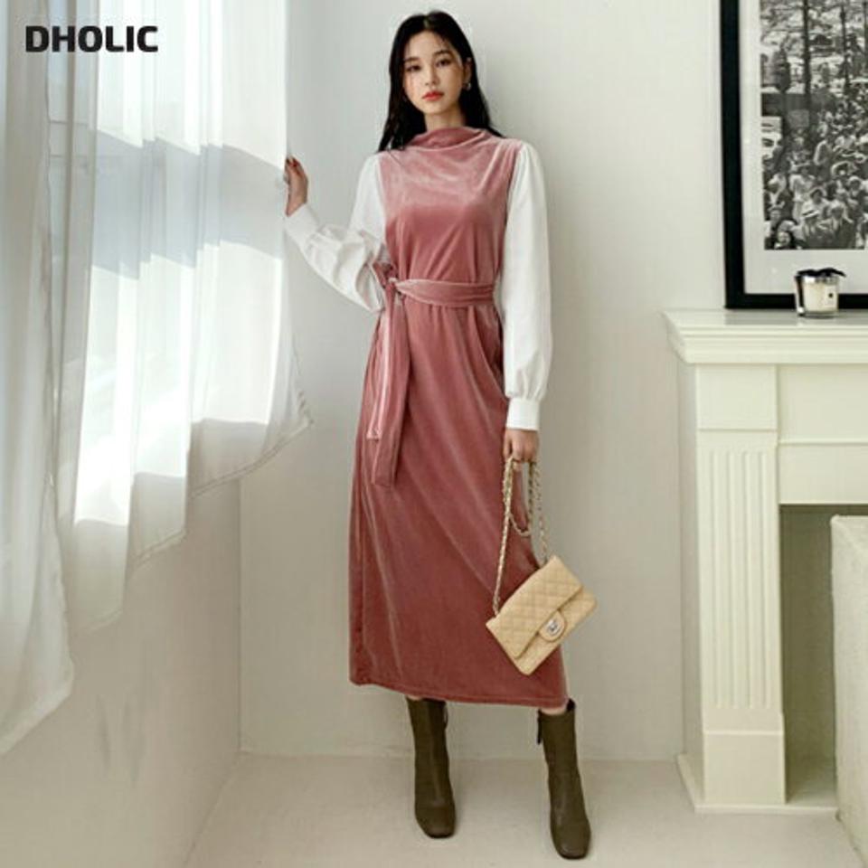 ストラップ付ベロアワンピース・全2色・b56583 レディース 【ops】【韓国 ファッション ワンピース ロング ロングワンピス 異素材 配色 スリーブ ハーフネック Hライン 光沢 ベロア 上品 ウエストストラップ レイヤード風 カジュアル 秋 冬】