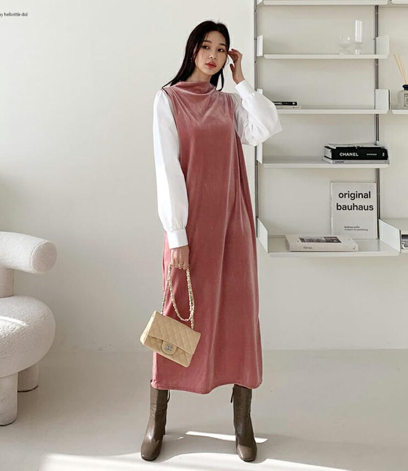 ストラップ付ベロアワンピース・全2色・b56583 レディース 【ops】【韓国 ファッション ワンピース ロング ロングワンピス 異素材 配色 スリーブ ハーフネック Hライン 光沢 ベロア 上品 ウエストストラップ レイヤード風 カジュアル 秋 冬】