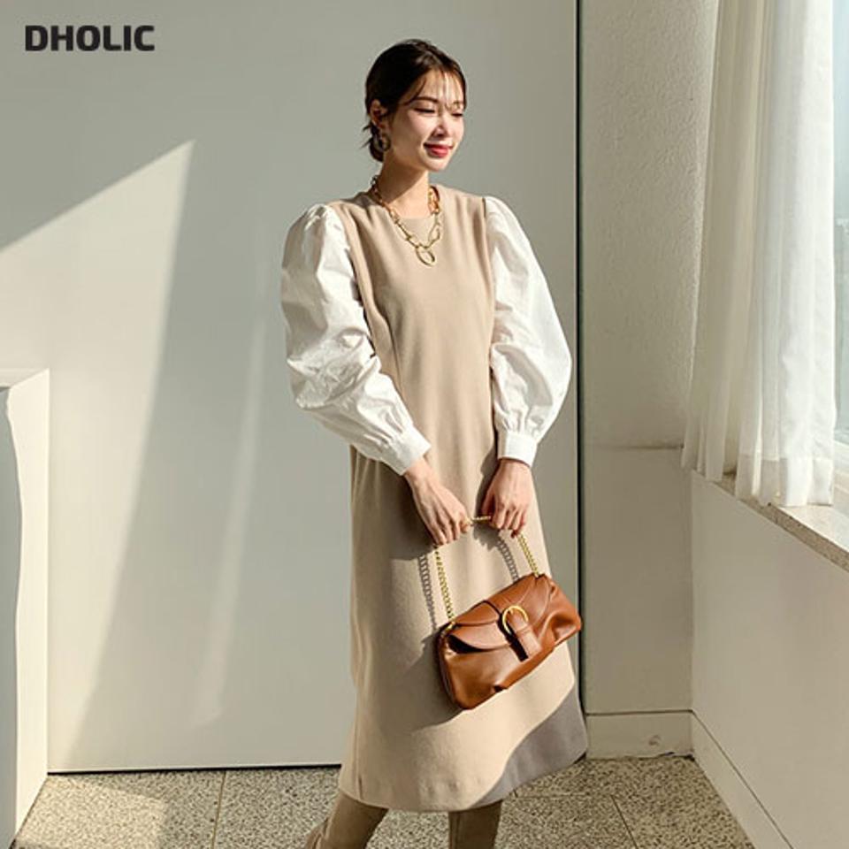 タック配色スリーブワンピース・全2色・b66121 レディース 【ops】【ワンピース ロング ロングワンピース タック 長袖 ボリューム袖 袖コンシャス 異素材ミックス パフスリーブ パフ袖 フェミニン かわいい 秋 冬 韓国 ファッション】【ハイホリHIHOLLI】