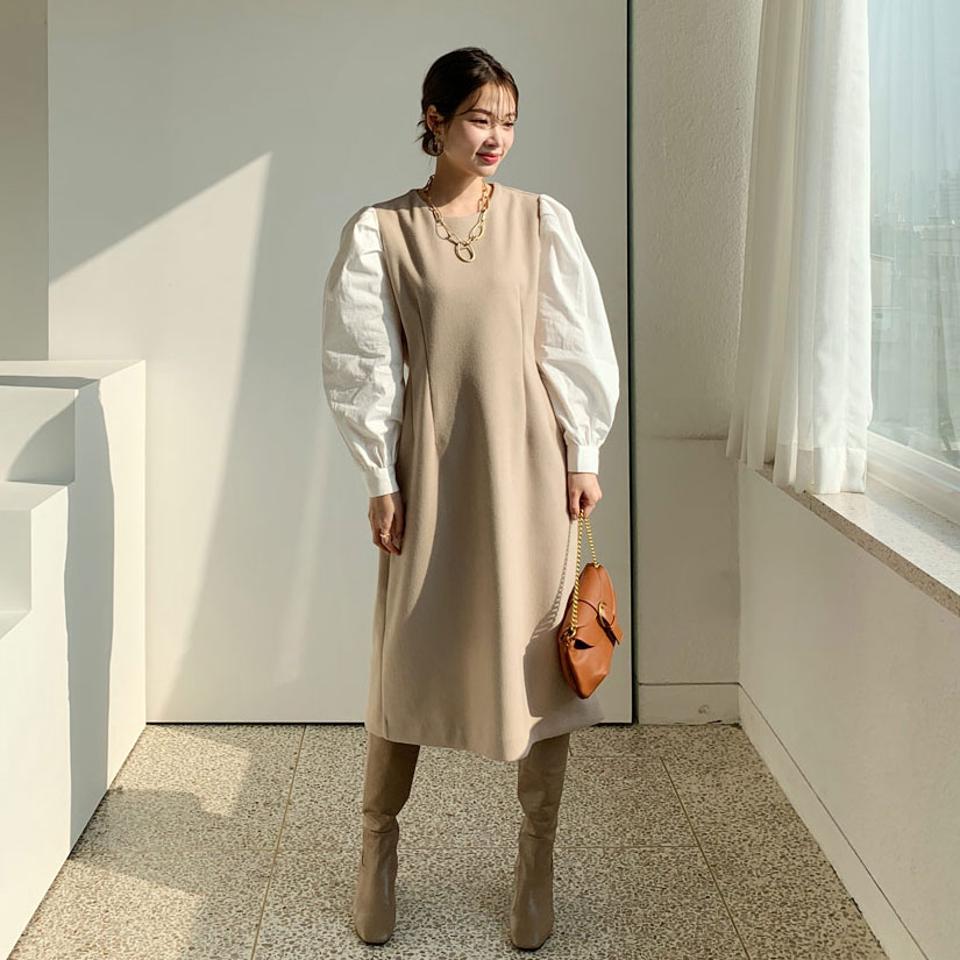 タック配色スリーブワンピース・全2色・b66121 レディース 【ops】【ワンピース ロング ロングワンピース タック 長袖 ボリューム袖 袖コンシャス 異素材ミックス パフスリーブ パフ袖 フェミニン かわいい 秋 冬 韓国 ファッション】【ハイホリHIHOLLI】