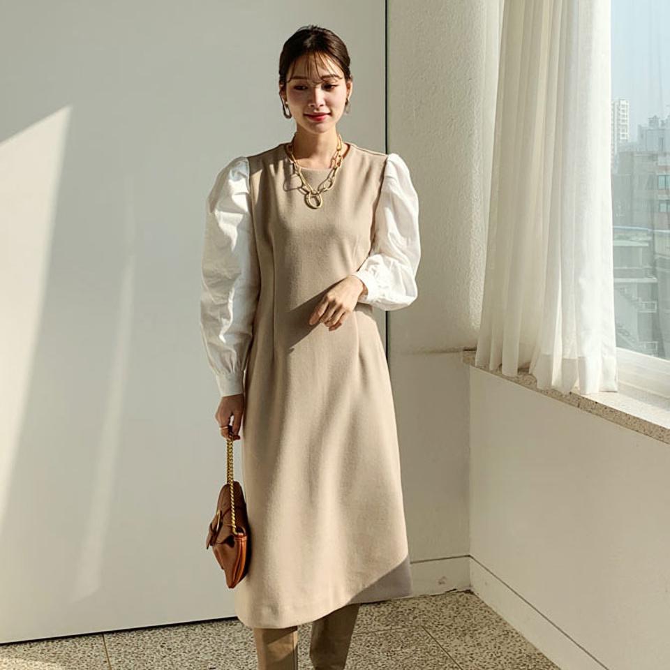 タック配色スリーブワンピース・全2色・b66121 レディース 【ops】【ワンピース ロング ロングワンピース タック 長袖 ボリューム袖 袖コンシャス 異素材ミックス パフスリーブ パフ袖 フェミニン かわいい 秋 冬 韓国 ファッション】【ハイホリHIHOLLI】