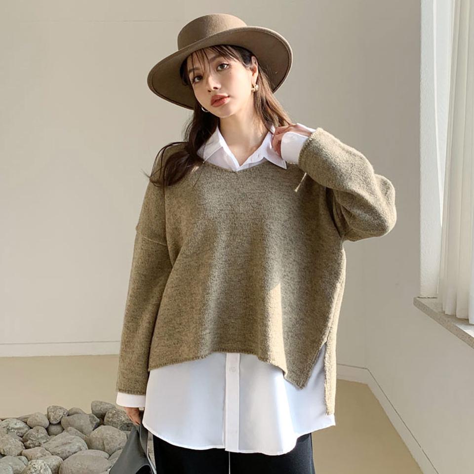 ルーズVネックニット・全5色・t66114 レディース 【tops】【トップス ニット ニットトップス 長袖 Vネック ルーズ ゆったり 単色 無地 シンプル カジュアル ラフ スリット 秋 冬 韓国 ファッション】【ハイホリHIHOLLI】