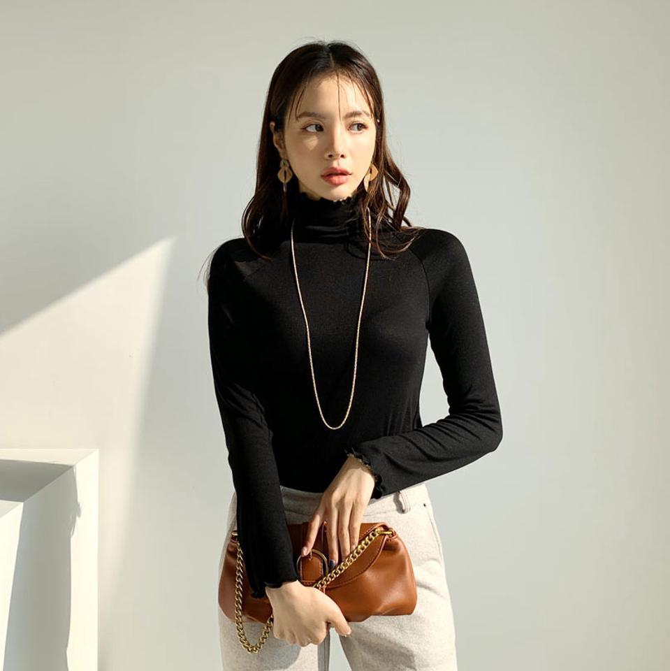 ラグランリブTシャツ・全3色・t66109 レディース 【tops】【トップス Tシャツ 長袖 リブ リブトップス ラグラン 単色 無地 シンプル カジュアル ハイネック ウェーブヘム 秋 冬 韓国 ファッション】【ハイホリHIHOLLI】