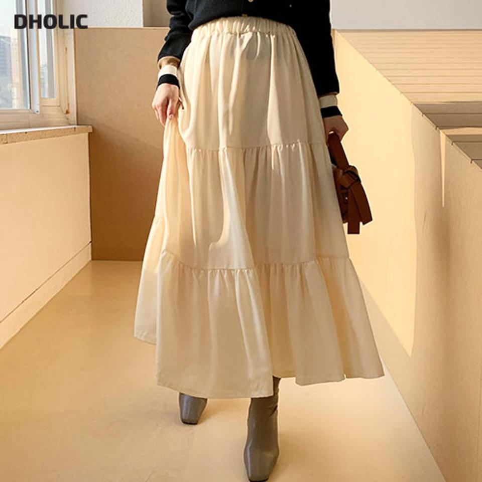 ティアードパステルスカート・全4色・t66136 レディース 【sk】【スカート ロング ロングスカート パステル ティアード ティアードスカート 単色 無地 フェミニン ウエストゴム 秋 冬 韓国 ファッション】【ハイホリHIHOLLI】