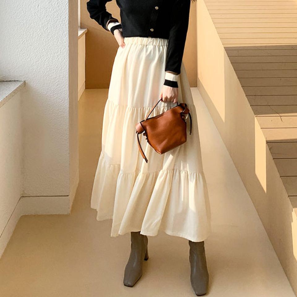 ティアードパステルスカート・全4色・t66136 レディース 【sk】【スカート ロング ロングスカート パステル ティアード ティアードスカート 単色 無地 フェミニン ウエストゴム 秋 冬 韓国 ファッション】【ハイホリHIHOLLI】