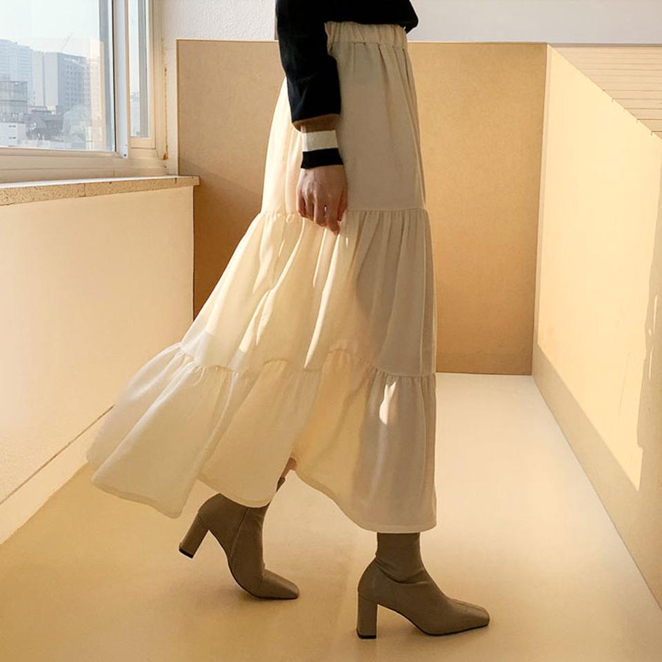 ティアードパステルスカート・全4色・t66136 レディース 【sk】【スカート ロング ロングスカート パステル ティアード ティアードスカート 単色 無地 フェミニン ウエストゴム 秋 冬 韓国 ファッション】【ハイホリHIHOLLI】