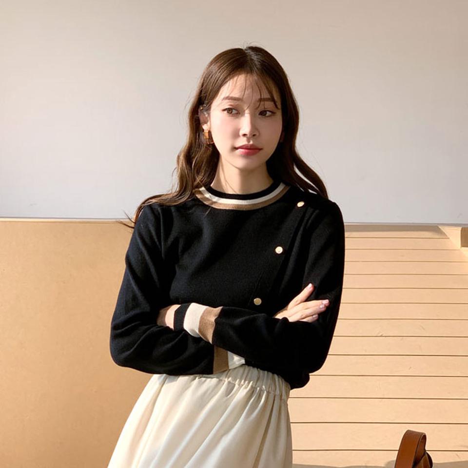 ゴールドボタン配色ニット・全3色・b66232 レディース 【tops】【トップス ニット ニットトップス ゴールドボタン 長袖 カジュアル モダン 大人 きれいめ 秋 冬 韓国 ファッション】【ハイホリHIHOLLI】