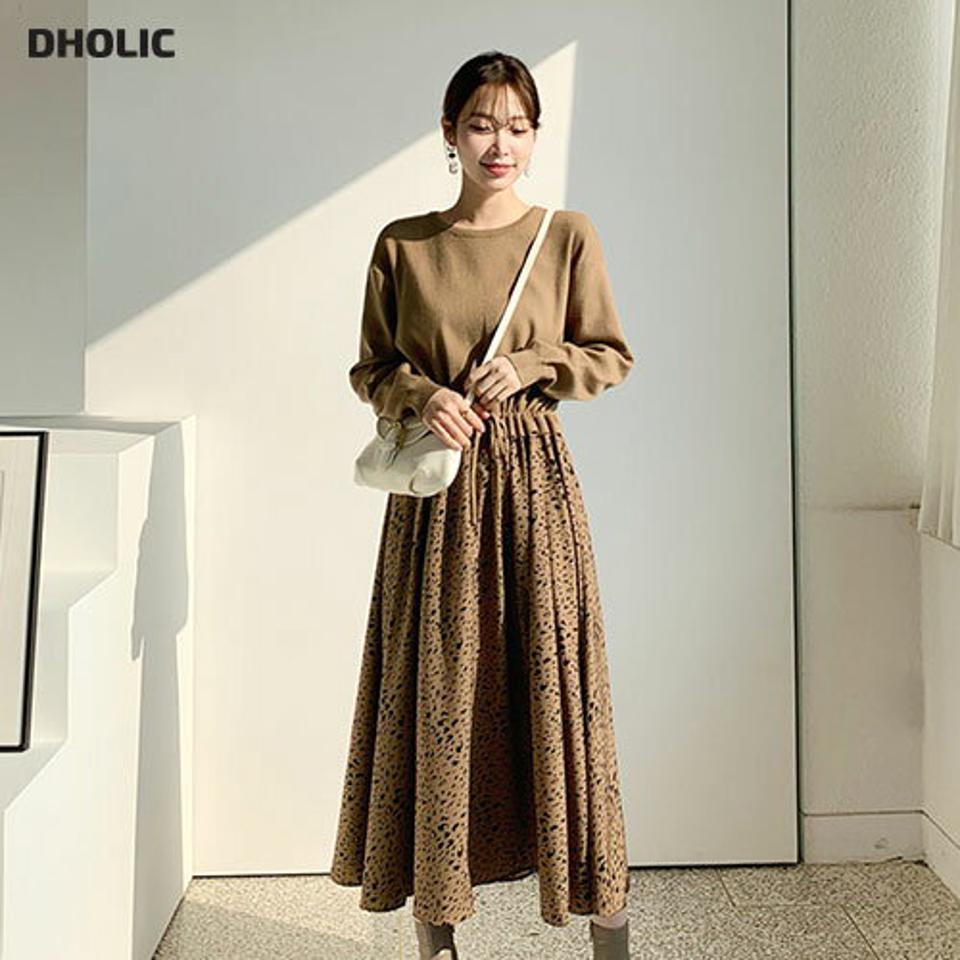 レオパードコンビワンピース・全2色・b66124 レディース 【ops】【ワンピース ロング ロングワンピース レオパード柄 ヒョウ柄 豹柄 アニマル柄 カジュアル 秋 冬 韓国 ファッション】【ハイホリHIHOLLI】