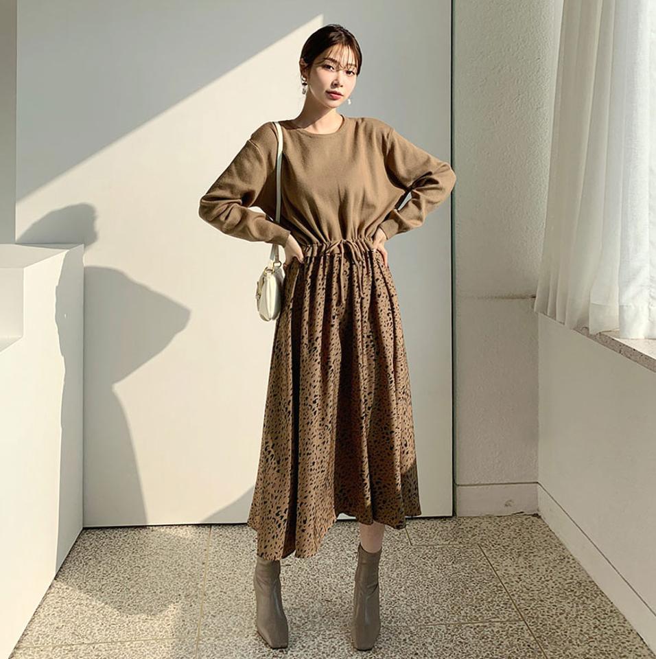 レオパードコンビワンピース・全2色・b66124 レディース 【ops】【ワンピース ロング ロングワンピース レオパード柄 ヒョウ柄 豹柄 アニマル柄 カジュアル 秋 冬 韓国 ファッション】【ハイホリHIHOLLI】