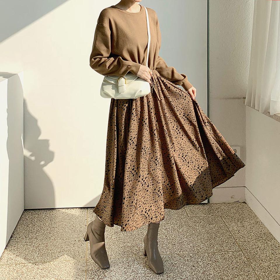 レオパードコンビワンピース・全2色・b66124 レディース 【ops】【ワンピース ロング ロングワンピース レオパード柄 ヒョウ柄 豹柄 アニマル柄 カジュアル 秋 冬 韓国 ファッション】【ハイホリHIHOLLI】