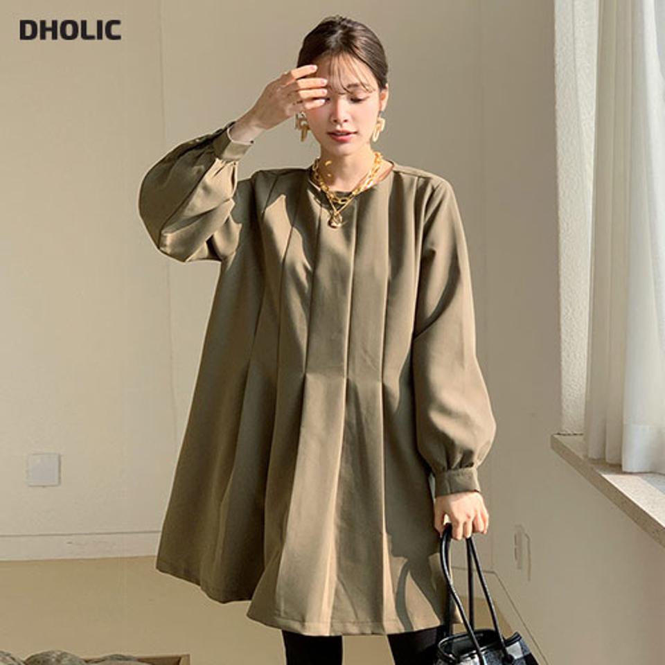 タックミニワンピース・全2色・b66189 レディース 【ops】【ワンピース ミニワンピース タック 長袖 単色 無地 シンプル かわいい 可愛い カジュアル 秋 冬 韓国 ファッション】【ハイホリHIHOLLI】