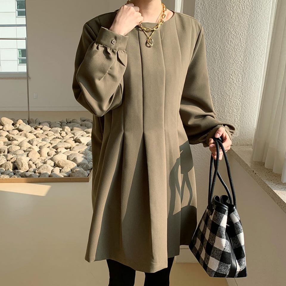 タックミニワンピース・全2色・b66189 レディース 【ops】【ワンピース ミニワンピース タック 長袖 単色 無地 シンプル かわいい 可愛い カジュアル 秋 冬 韓国 ファッション】【ハイホリHIHOLLI】