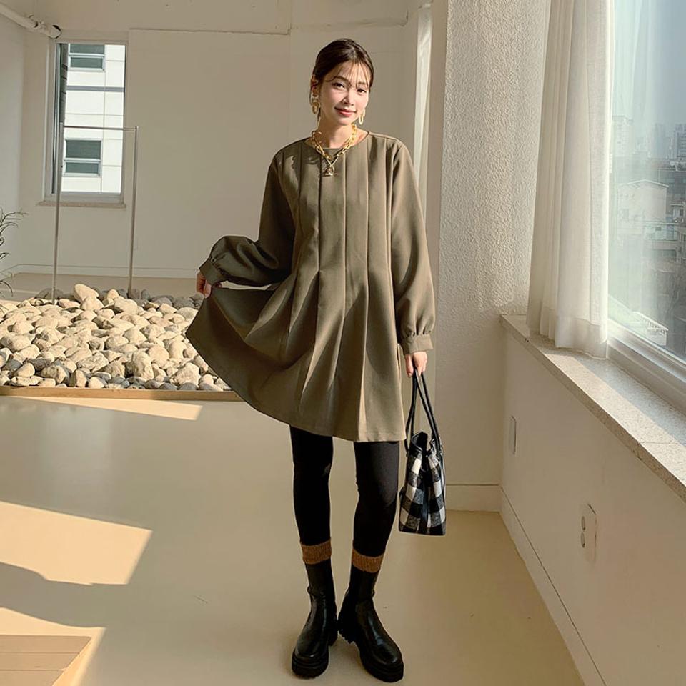 タックミニワンピース・全2色・b66189 レディース 【ops】【ワンピース ミニワンピース タック 長袖 単色 無地 シンプル かわいい 可愛い カジュアル 秋 冬 韓国 ファッション】【ハイホリHIHOLLI】