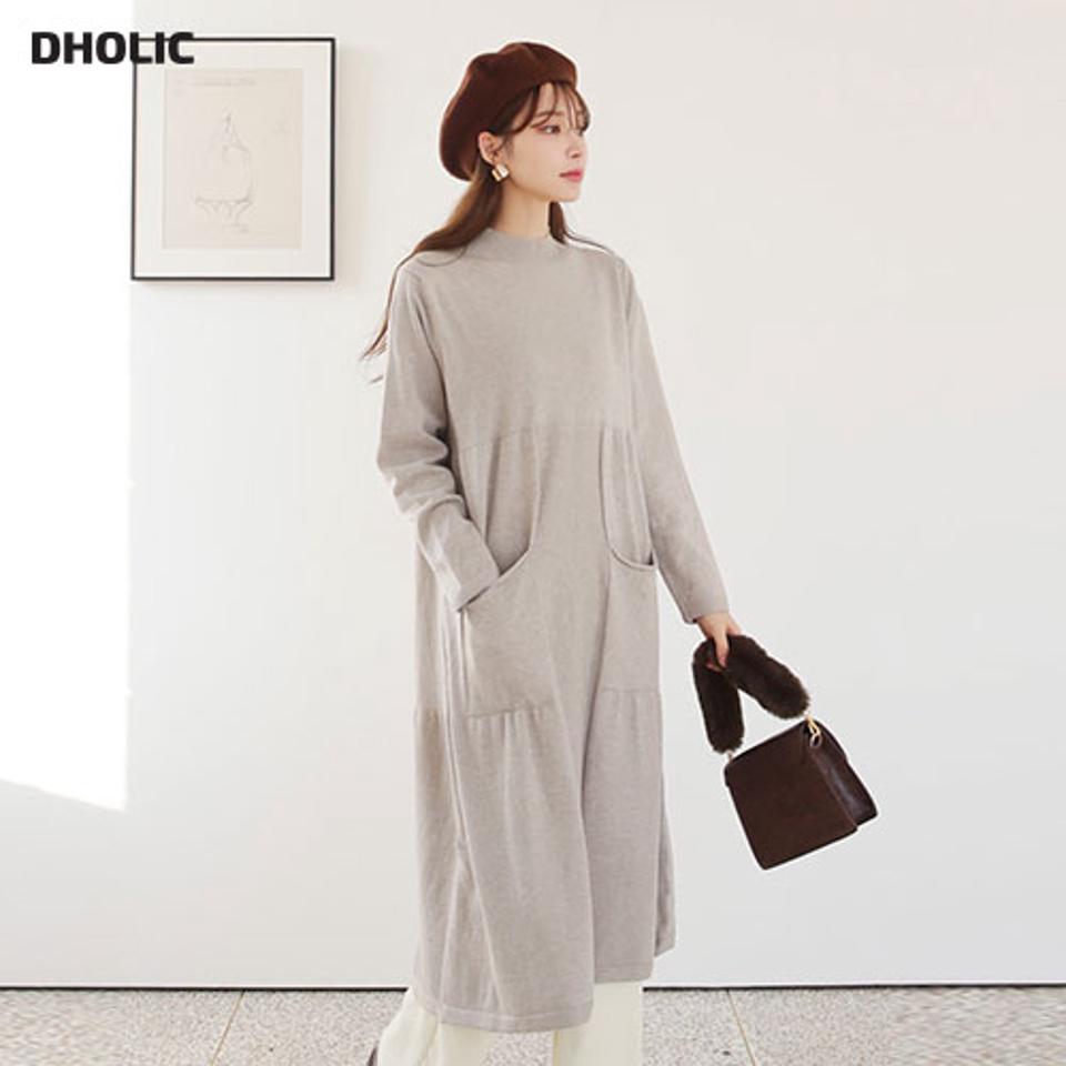 ポケットニットワンピース・全2色・b66190 レディース 【ops】【ワンピース ロング ロングワンピース 長袖 ニット ニットワンピース 単色 無地 シンプル カジュアル ラフ ゆったり Aライン ハーフネック 秋 冬 韓国 ファッション】【ハイホリHIHOLLI】