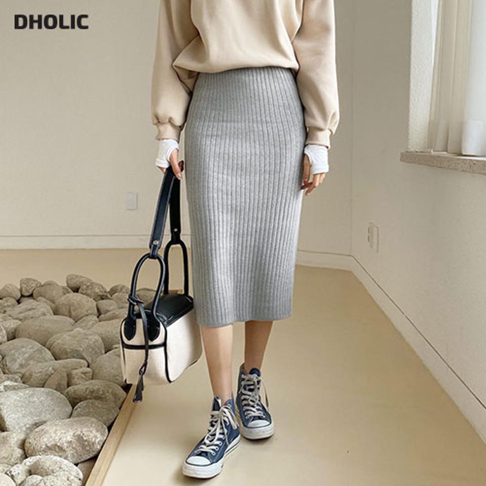 スリットリブスカート・全3色・t66133 レディース 【sk】【スカート ミディ丈 ミディスカート ニット ニットスカート リブ リブスカート Hライン ウエストゴム スリット 単色 無地 シンプル カジュアル 秋 冬 韓国 ファッション】【ハイホリHIHOLLI】