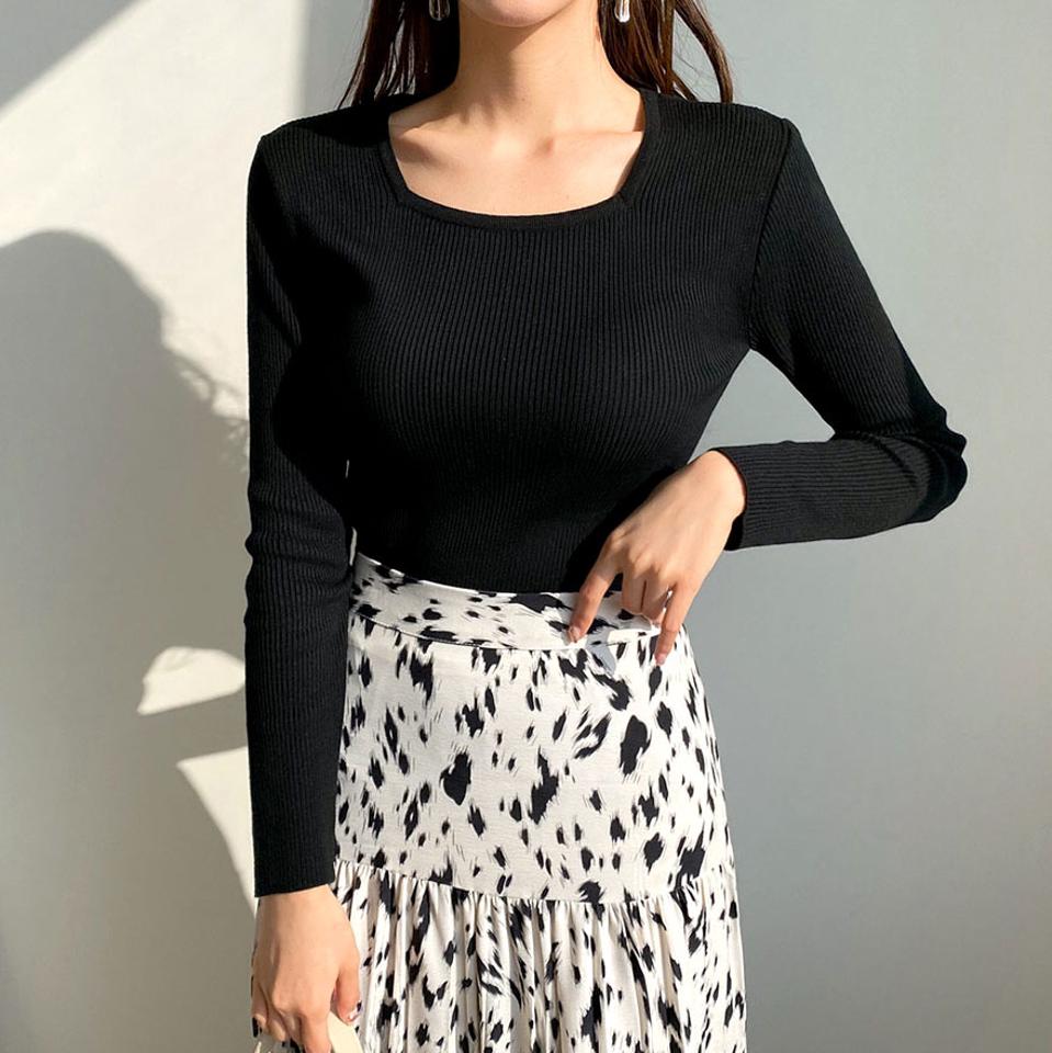 スクエアネックリブニット・全3色・b66110 レディース 【tops】【トップス ニット ニットトップス リブ リブニット 長袖 スクエアネック 単色 無地 シンプル カジュアル ラフ 秋 冬 韓国 ファッション】【ハイホリHIHOLLI】
