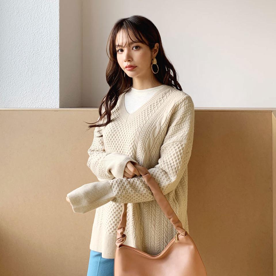 ツイストVネックニット・全4色・b66115 レディース 【tops】【トップス ニット ニットトップス 長袖 Vネック ツイスト ツイストニット シンプル カジュアル 秋 冬 韓国 ファッション】【ハイホリHIHOLLI】