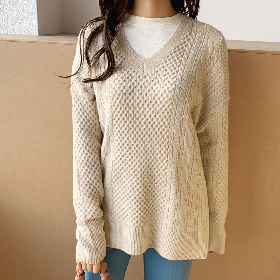 ツイストVネックニット・全4色・b66115 レディース 【tops】【トップス ニット ニットトップス 長袖 Vネック ツイスト ツイストニット シンプル カジュアル 秋 冬 韓国 ファッション】【ハイホリHIHOLLI】