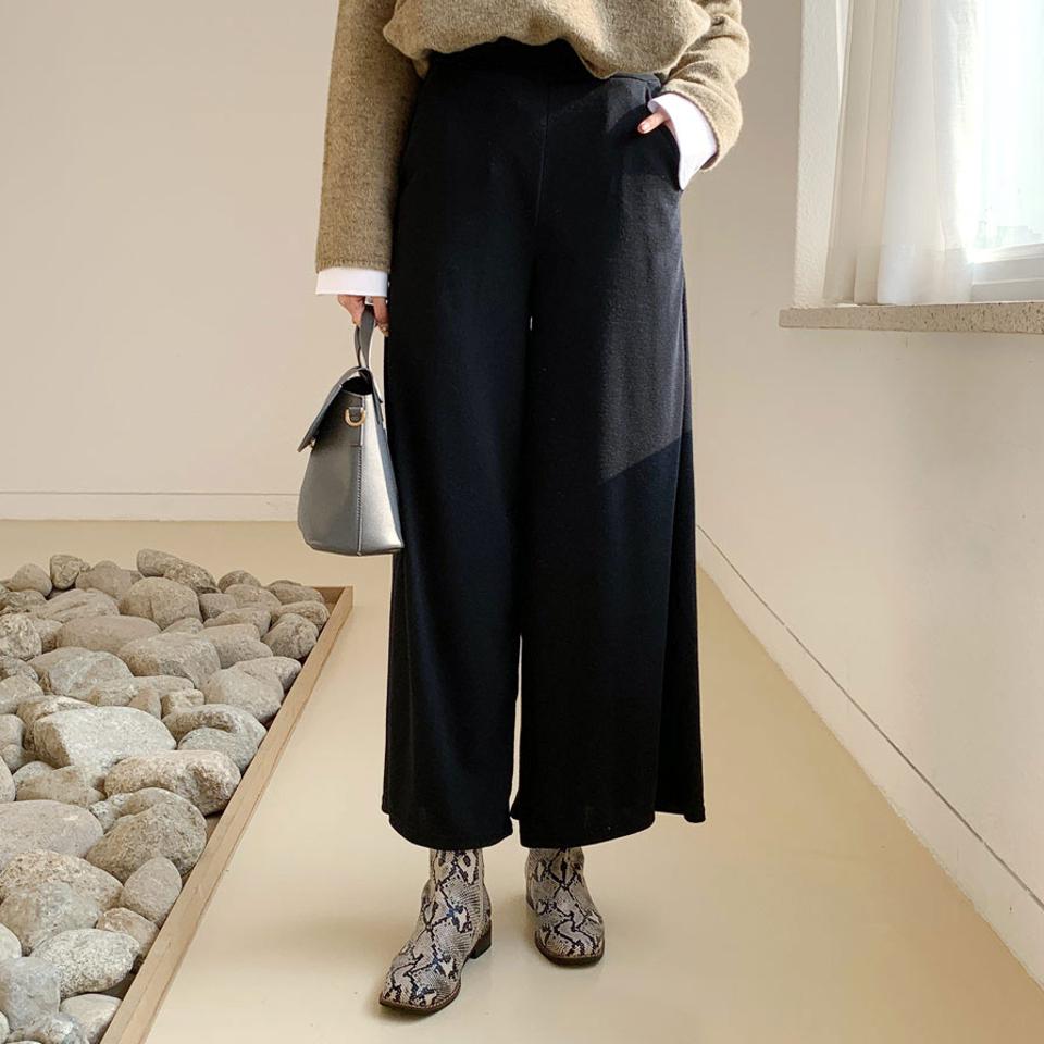 イージーワイドパンツ・全4色・t66130 レディース 【pt】【パンツ ズボン ロングパンツ ワイドパンツ ワイド イージー 単色 無地 シンプル カジュアル 大人 クロップド丈 ウエストゴム 体型カバー 秋 冬 韓国 ファッション】【ハイホリHIHOLLI】